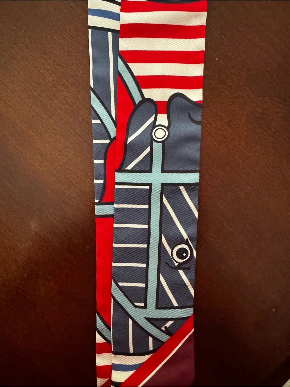 Hermes Red, Navy and White Silk Twilly Tie - Picture 4 of 4